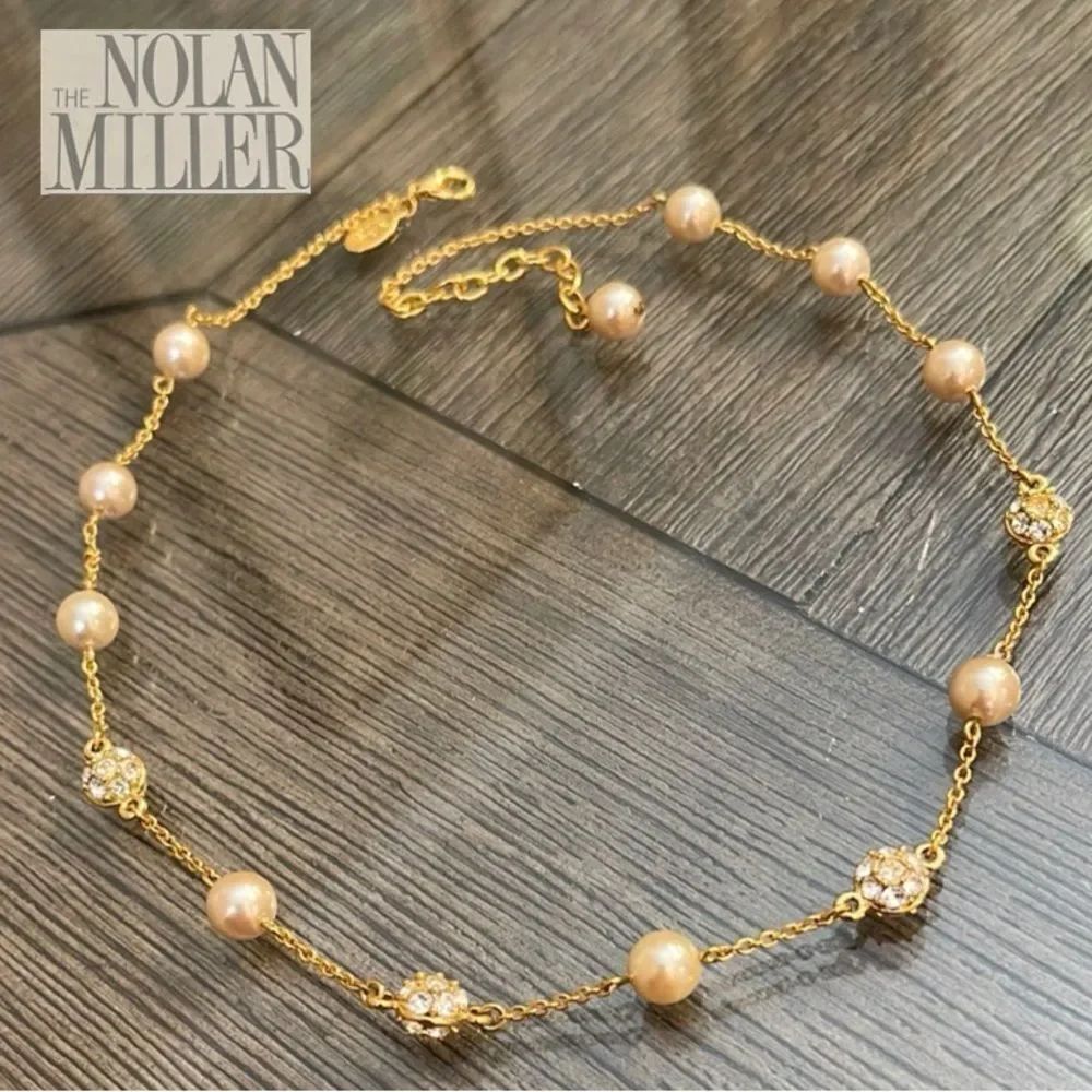 Vintage Nolan Miller "Tinsel Town" Necklace Goldtone Faux Pearl & Clear Crystal